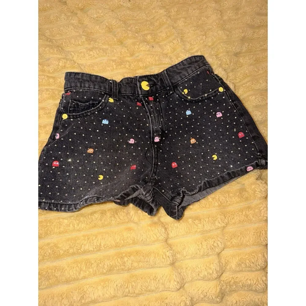 JUSTICE PAC MAN GIRLS EMBELLISHED BLACK DENIM SHORTS SIZE 10